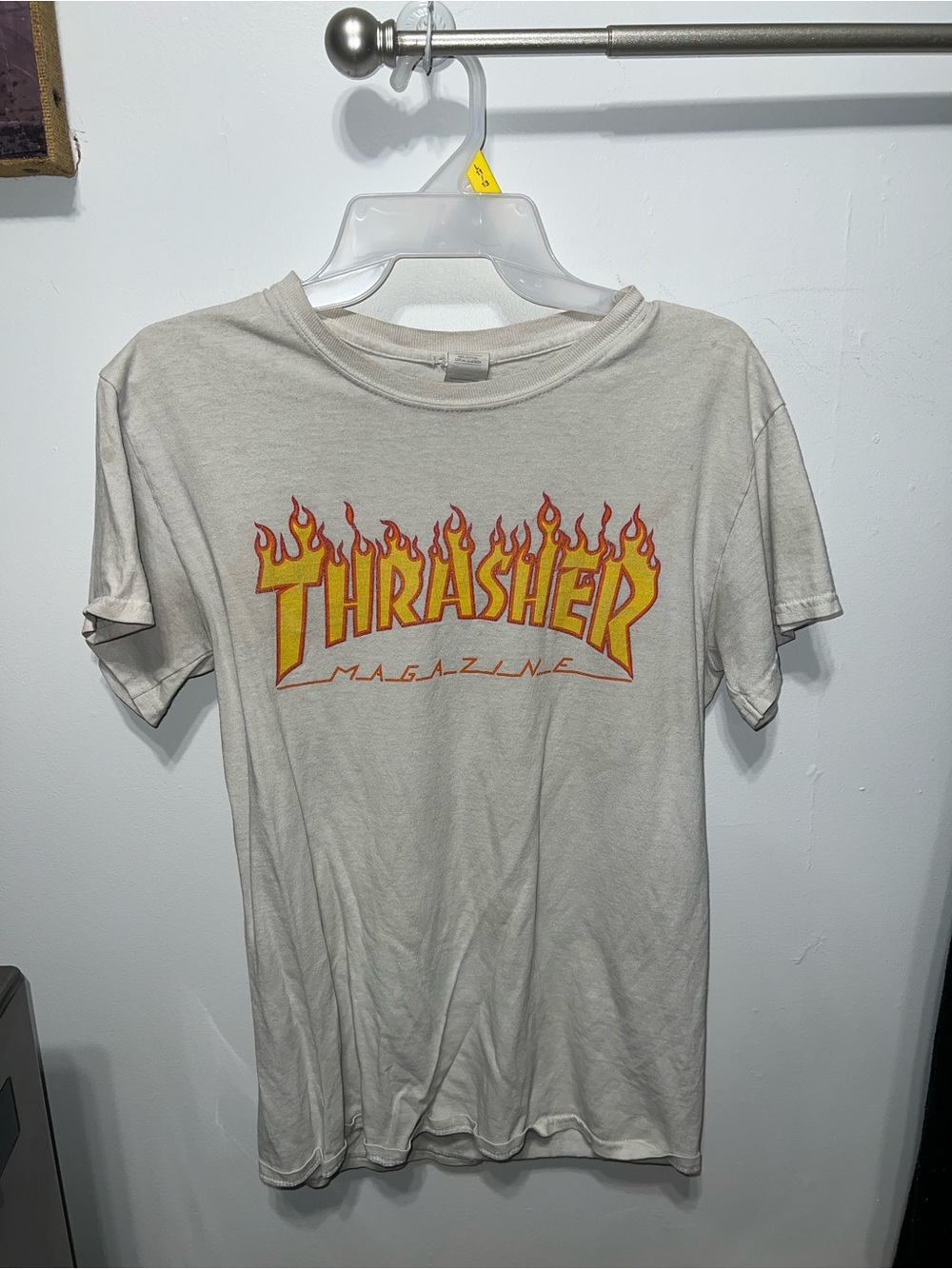 Thrasher Cream Short-Sleeve Tee with Yellow & Red Flame Logo